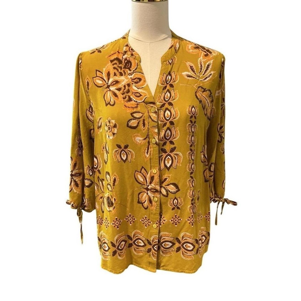 Unique Spectrum Mlle Gabrielle Blouse Women XL Yellow Floral Boho 3/4 Slv Top